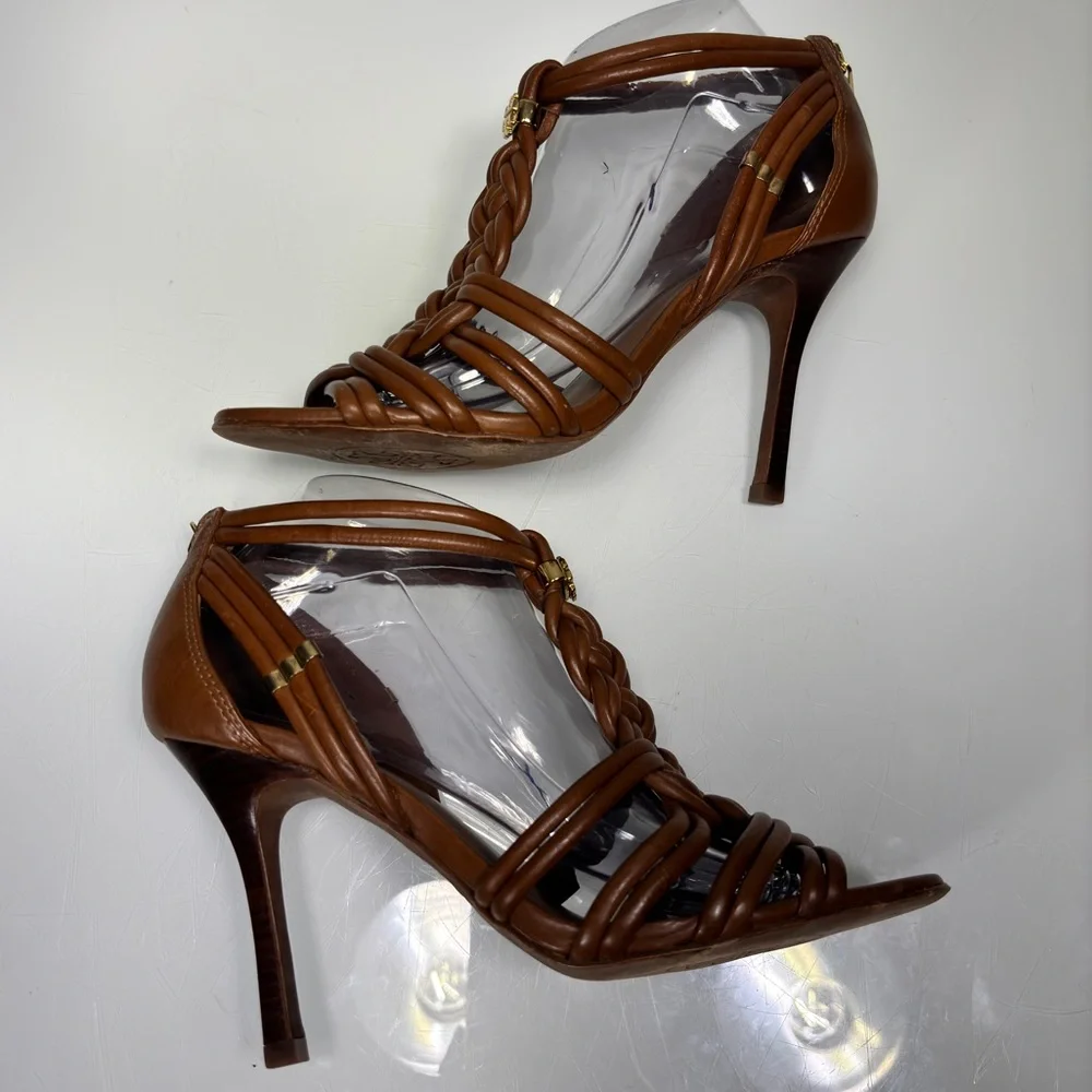 Tory Burch Brown Strappy Braided Leather Heels Size 8.5